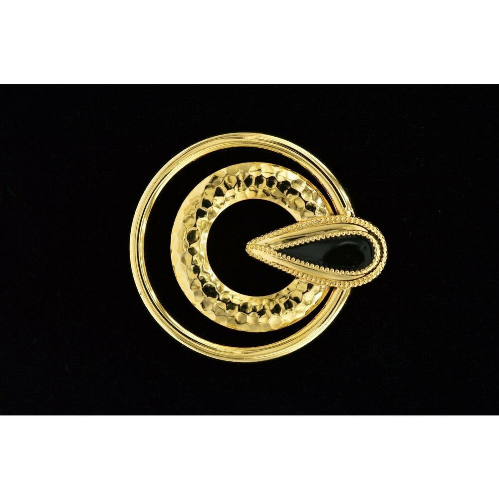Vintage 2.5" Round Retro Pin Brooch Gold Black Enamel Circle Chunky 1980s BinV